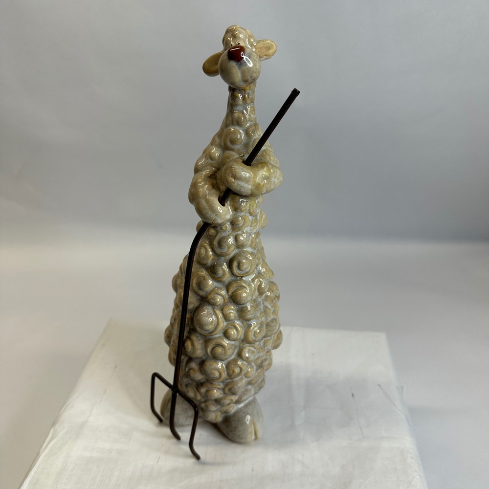 Whimsical Ceramic Sheep Figurine with Metal Pitchfork Tan Glossy Folk Art Decor
